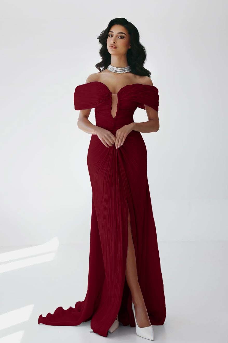Off the Shoulder Sleeveless Long Mermaid Prom Dress With Ruffles Pleated