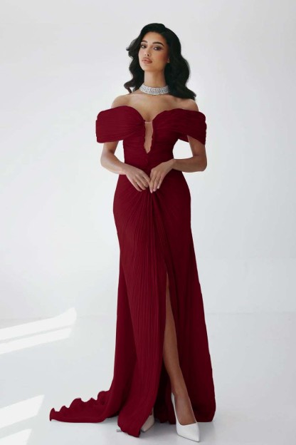 Off the Shoulder Sleeveless Long Mermaid Prom Dress With Ruffles Pleated