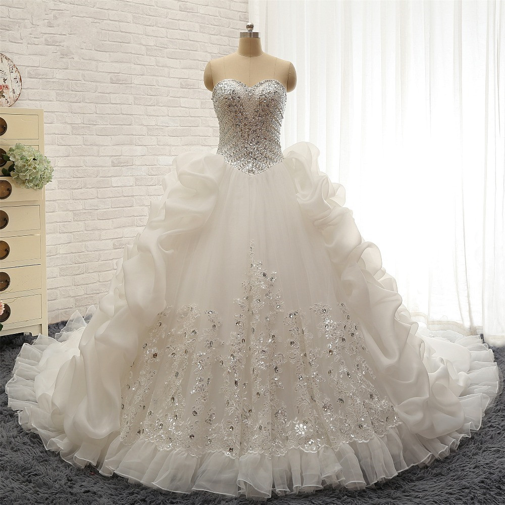 BMbridal Glamorous Sweetheart White Sequins Wedding Dresses With Appliques Tulle Ruffles Bridal Gowns Online-BMbridal