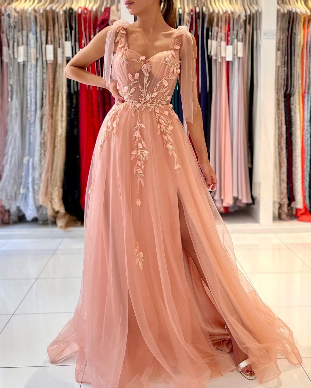 Bmbridal Fairy Tulle Prom Dress Slit Long With Appliques-BMbridal