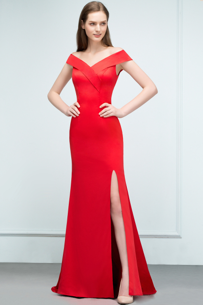 BMbridal Red Off-the-Shoulder Mermaid Prom Dress Long With Split
