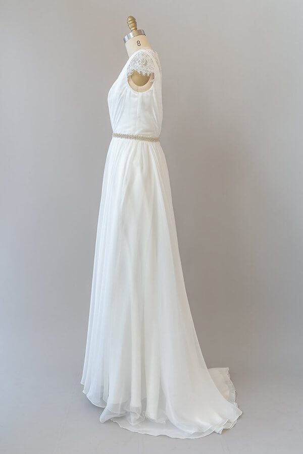BMbridal Cap Sleeve V-neck Lace Chiffon Sheath Wedding Dress Online-BMbridal