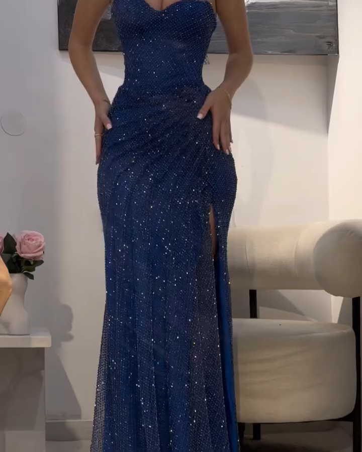 Glamorous Navy Blue Sequin Strapless Mermaid Prom Dress with Choker