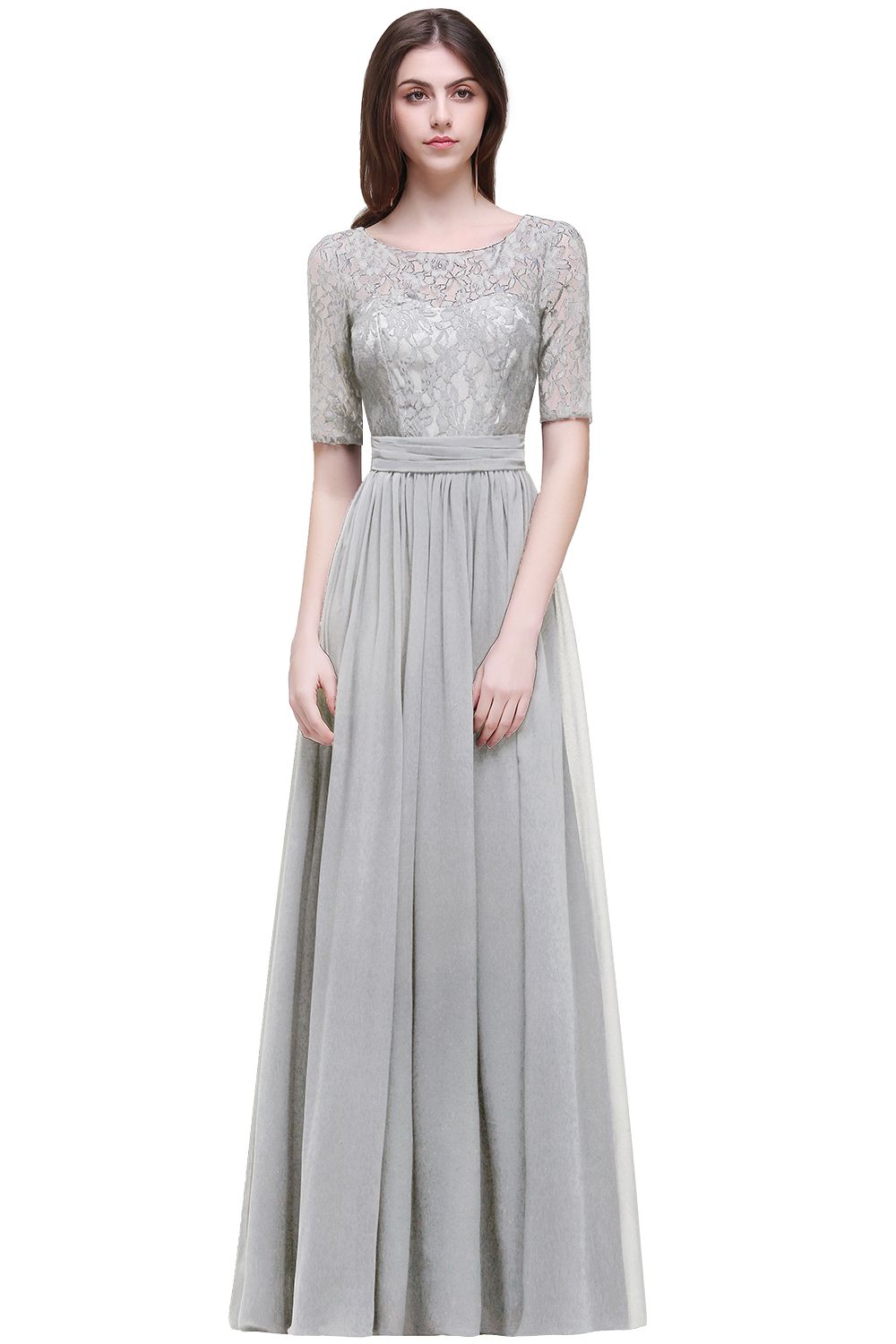 BMbridal Half-Sleeve Lace Long Chiffon Evening Dress