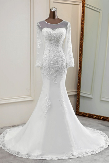 BMbridal Elegant Jewel Long Sleeves White Mermaid Wedding Dresses with Rhinestone Applqiues