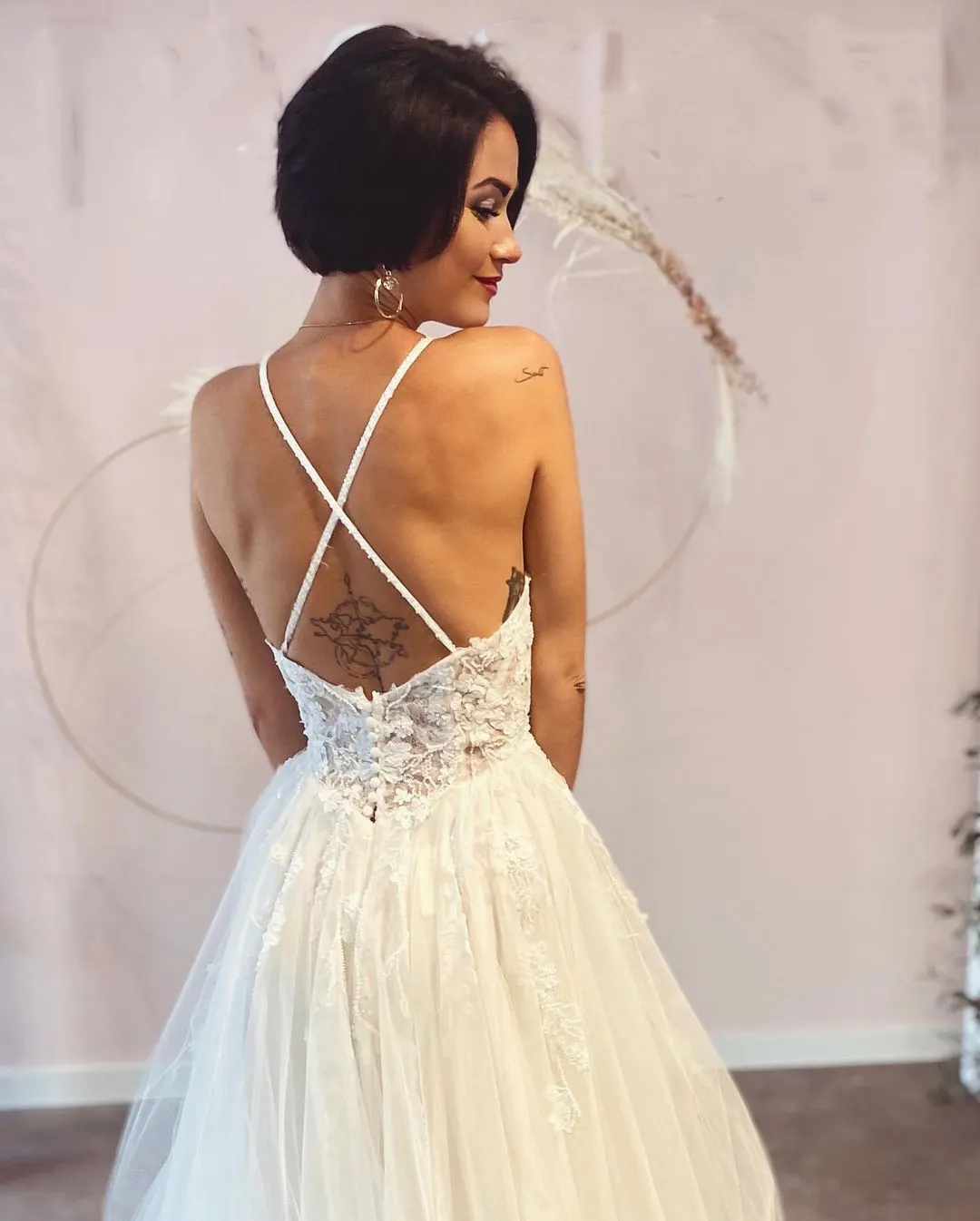 Modern Spaghetti Straps Backless Deep V Neck Long A Line Wedding Dress with Lace Tulle