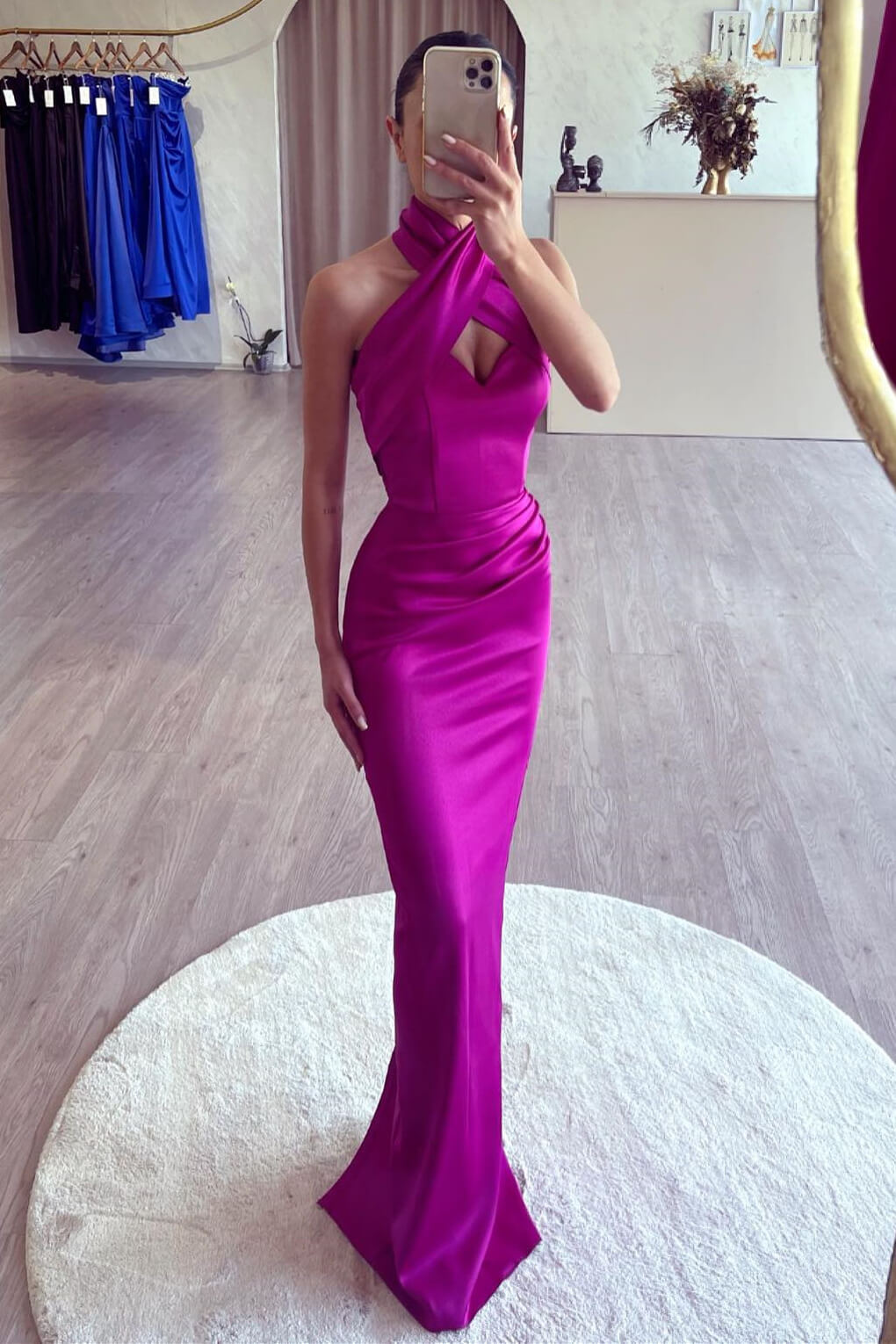 Designer Mermaid High Neck Sleeveless Satin Prom Dress