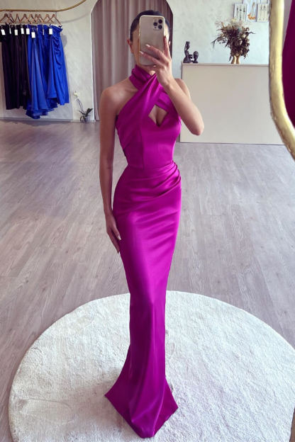 Designer Mermaid High Neck Sleeveless Satin Prom Dress