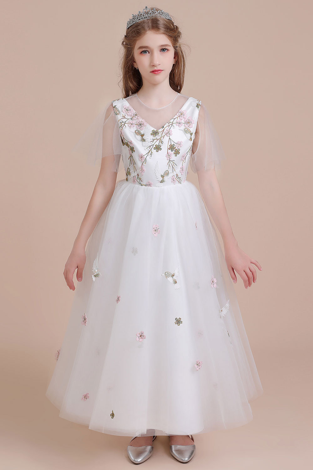 BMbridal A-Line Short Sleeve Embroidered Tulle Flower Girl Dress On Sale-BMbridal