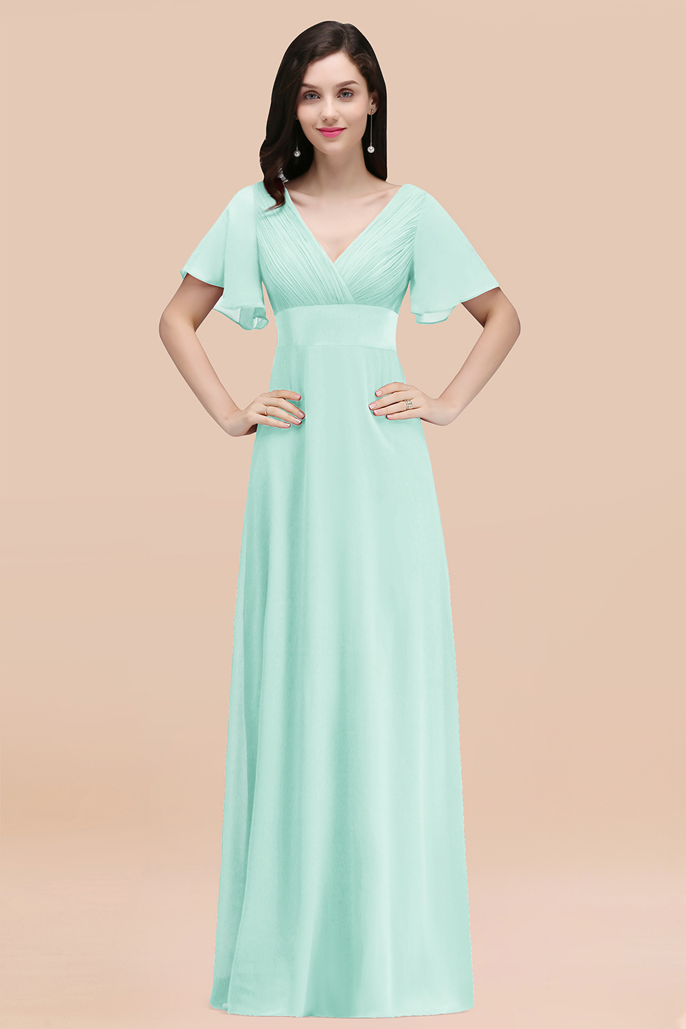 BMbridal Affordable V-Neck Ruffle Long Burgundy Bridesmaid Dress With Short-Sleeves-BMbridal