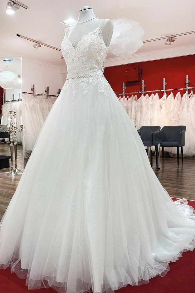 BMbridal Spaghetti Straps Tulle V Neck Ruffles Backless Wedding Dresses-BMbridal