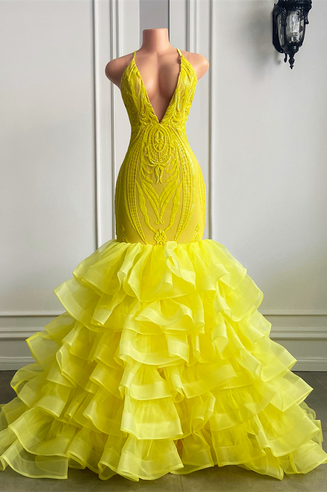 Bmbridal Yellow V-Neck Prom Dress Lace Ruffles Long On Sale