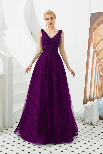 BMbridal Glamorous Green V-Neck Sleeveless Prom Dress Long With Beadings Online