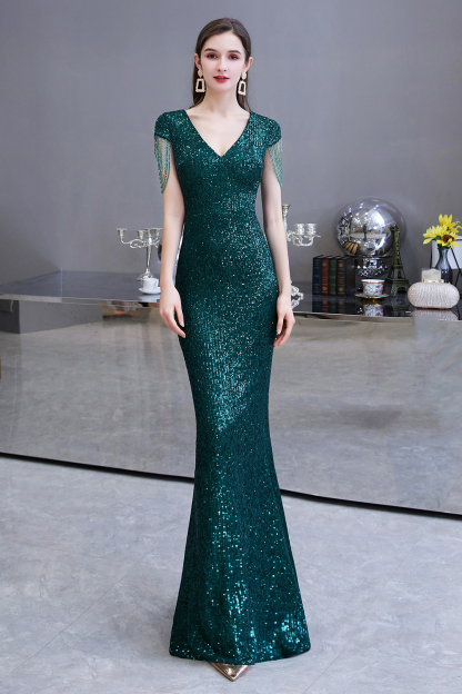 BMbridal Elegant Cap Sleeve Green Prom Dress Sequins Long Evening Gowns Online