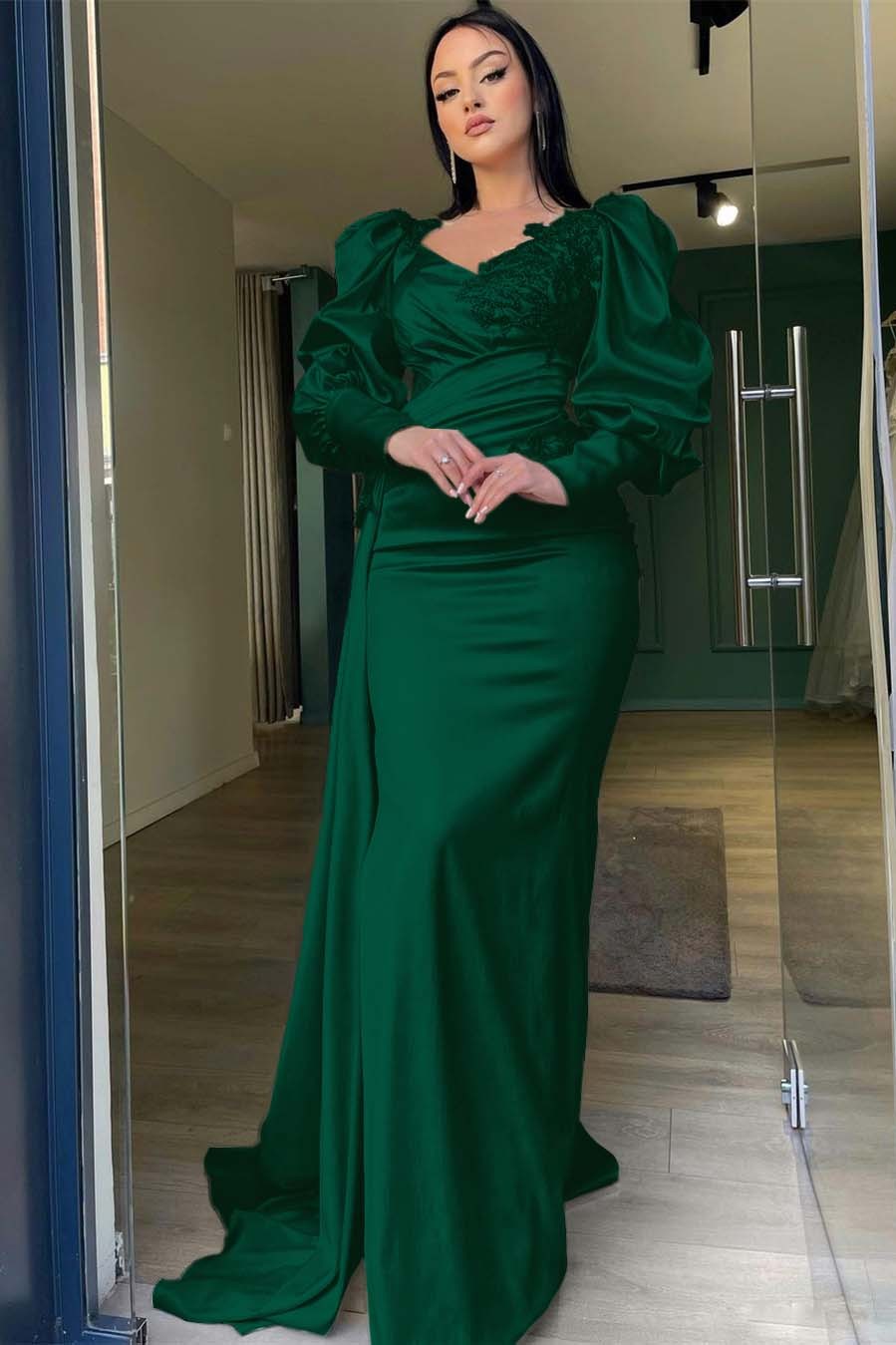 Long Puff Sleeves Pleated Mermaid Split Prom Dress With Appliques Ruffles