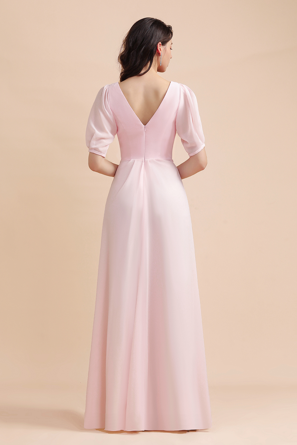 BMbridal A-Line V-Neck Chiffon Ruffles Bridesmaid Dress with Short Sleeves-BMbridal