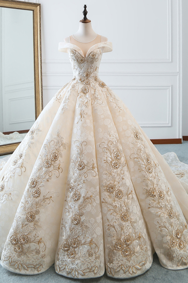 BMbridal Glamorous Jewel Sleeveless Champagne Wedding Dress Appliques Bridal Gowns with Beadings Online-BMbridal