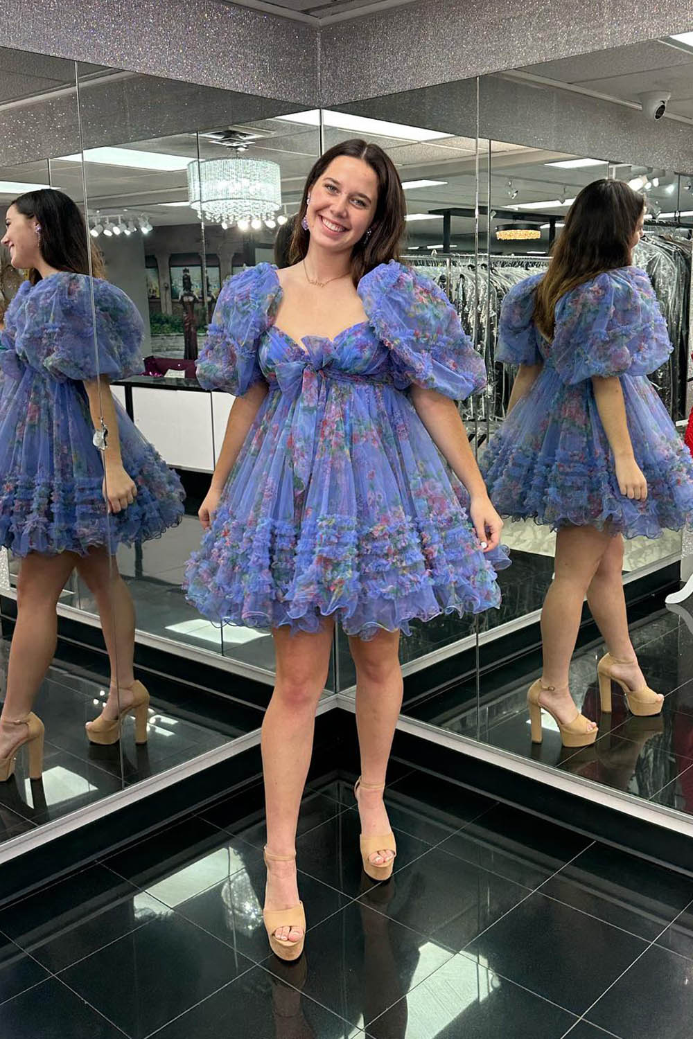 Dark Blue Puff Sleeves A-Line Floral Short Homecoming Dress with Ruffles-BMbridal