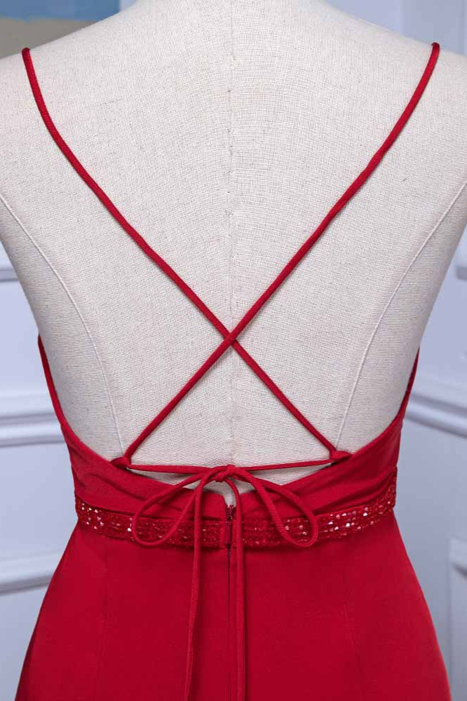 BMbridal Elegant V-Neck Burgundy Prom Dresses Spaghetti Straps with Beadings Sash