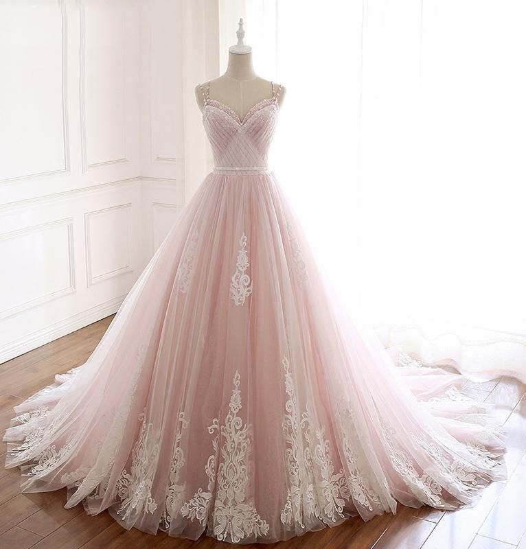 BMbridal Princess Sweetheart Lace Pink Prom Dress Long Tulle Party Gowns