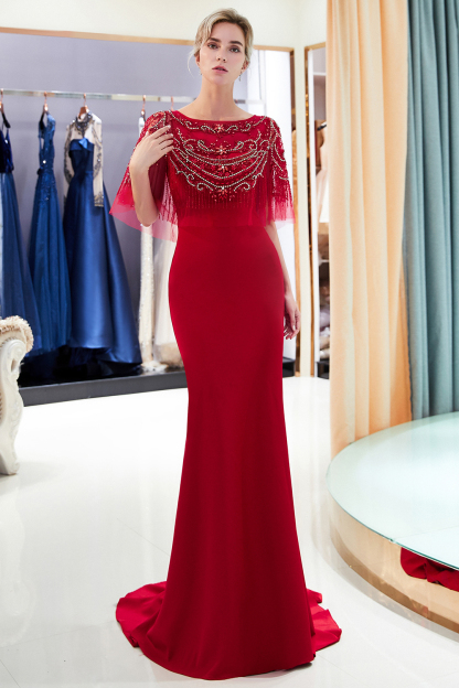BMbridal Gorgeous Mermaid Jewel Long Prom Dresses Navy Beading Formal Dresses with Crystals