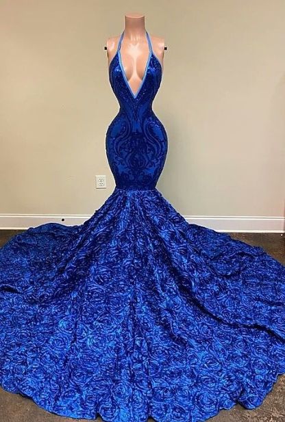 Bmbridal Royal Blue V-Neck Prom Dress Mermaid Sleeveless With Sequins