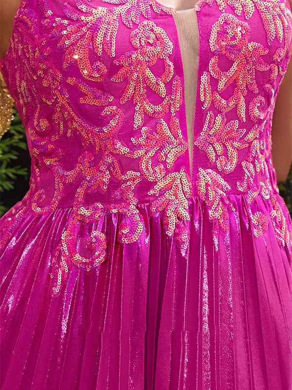 Fuchsia A Line Sweetheart Corset Pleated Prom Dress with Lace Appliques