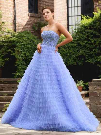 Blue A Line Tiered Ruffled Tulle Prom Dress with Beading Rhinestone