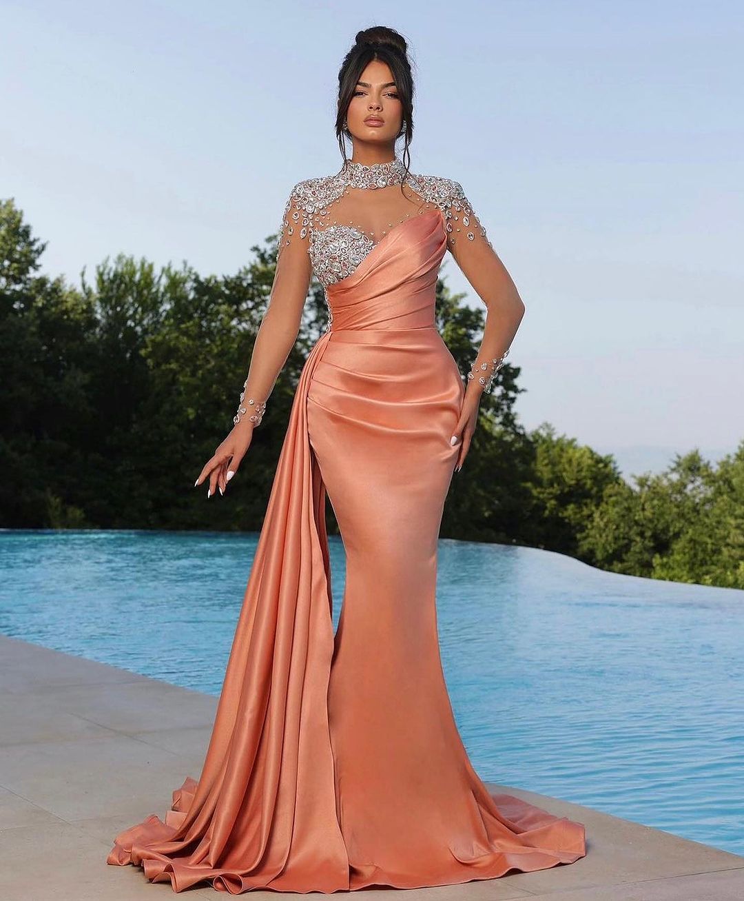 Prom Dress Long Mermaid Satin With Trail Beadings Long Sleeves Purple
