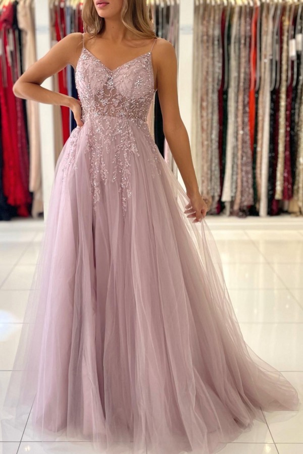 BMbridal Spaghetti-Straps Long Prom Dress Sleeveless Tulle With Beadings