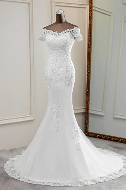 BMbridal Glamorous Sweetheart Lace Beading Wedding Dresses Short Sleeves Appliques Mermaid Bridal Gowns-BMbridal