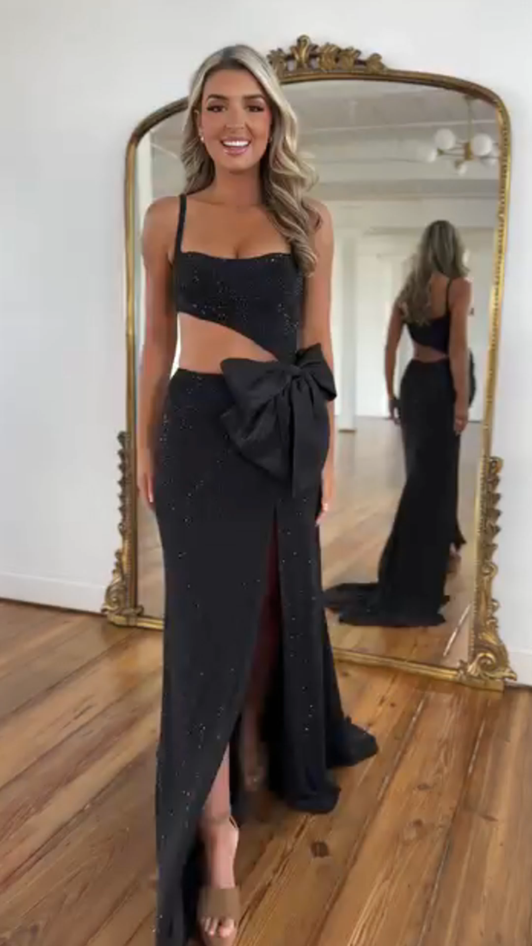Glitter Black Spaghetti Straps Mermaid Cut-out Long Prom Dress with Beading