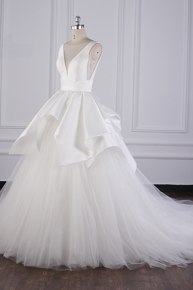 BMbridal Chic Ball Gown Jewel Layers Tulle Wedding Dress White Sleeveless Ruffles Bridal Gowns Online-BMbridal