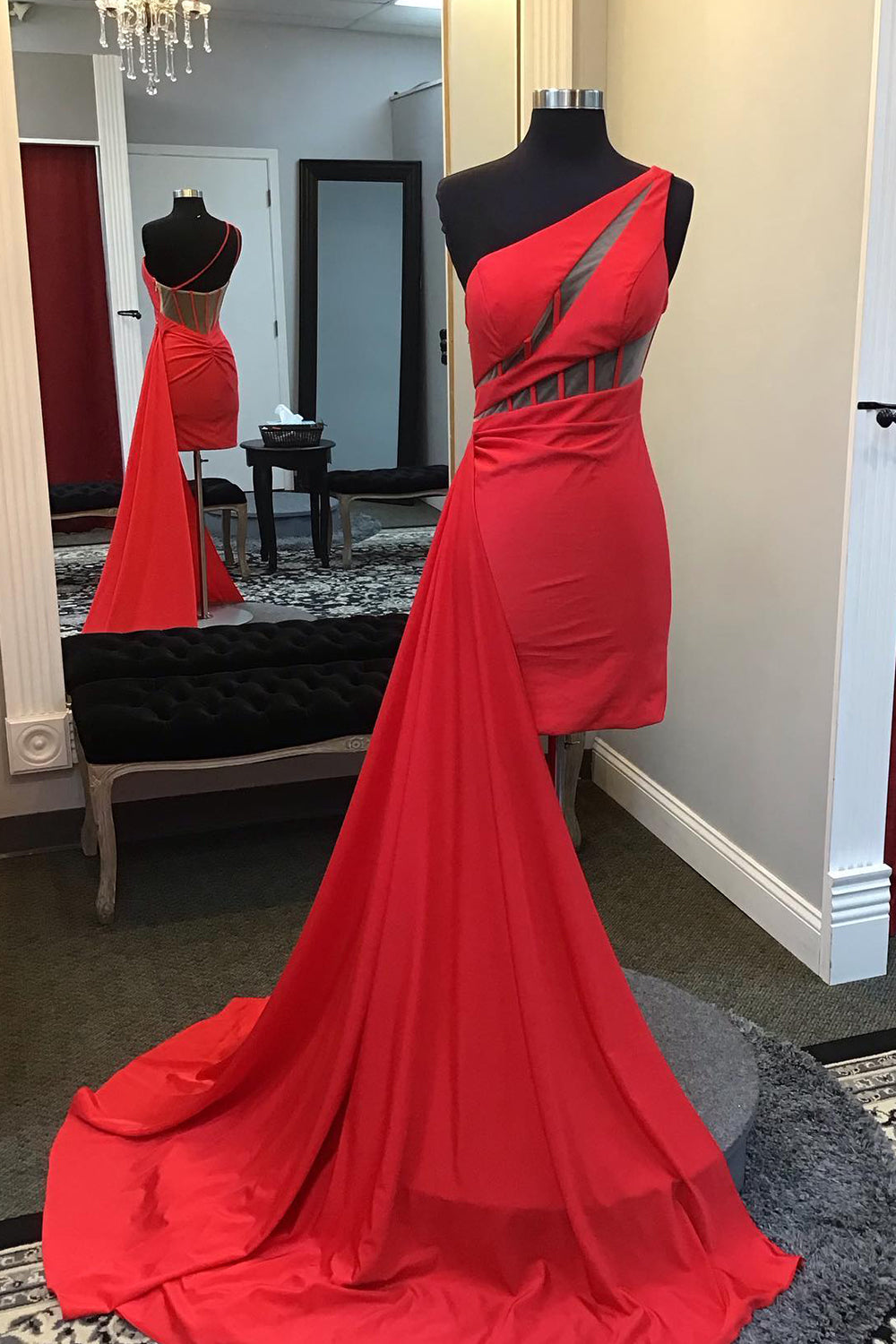 Red Corset One Shoulder Tight Short Satin Homecoming Dress with Ruffle-BMbridal