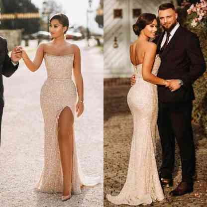 Bmbridal Strapless Sequins Prom Dress Mermaid Long With Slit