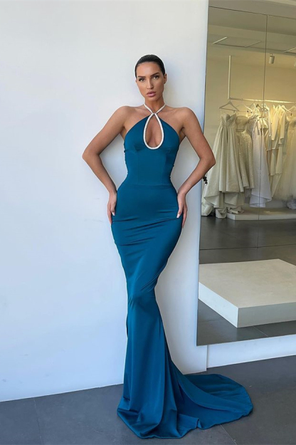 Bmbridal Blue Halter Keyhole Mermaid Prom Dress Sleeveless Online