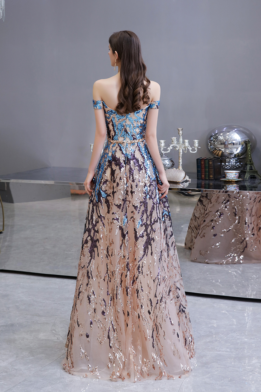 BMbridal Glamorous Off-the-Shoulder Sequins Evening Gowns Long Multi-Color Prom Dress