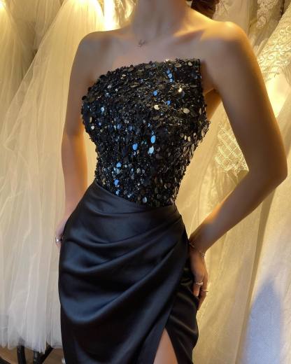Black Strapless Sequins Prom Dress High Slit Long Online