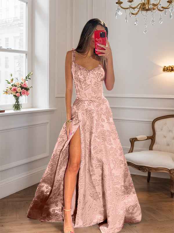 Hot Pink A Line Floral Long Prom Dress with High Slit