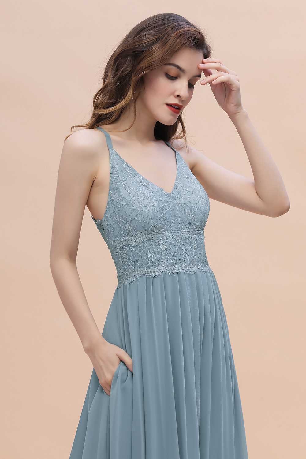 BMbridal Stylish Straps V-Neck Chiffon Lace Dusty Blue Bridesmaid Dress On Sale-BMbridal