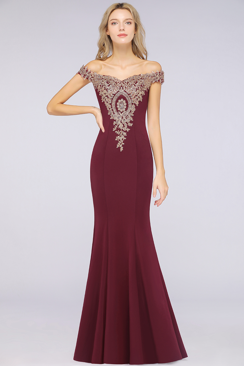 BMbridal Elegant Off-the-Shoulder Mermaid Prom Dress Long With Lace Appliques