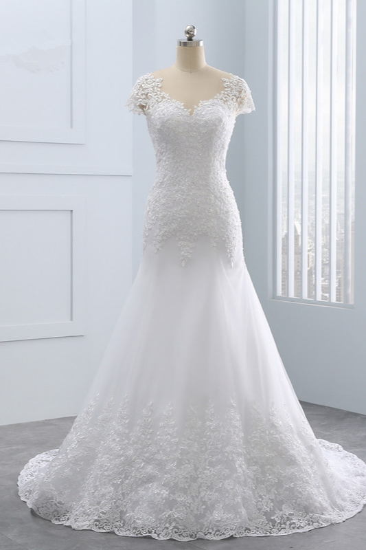 BMbridal Chic Jewel Mermaid Tulle Lace Wedding Dress Short-Sleeves Beadings Appliques Bridal Gowns On Sale-BMbridal