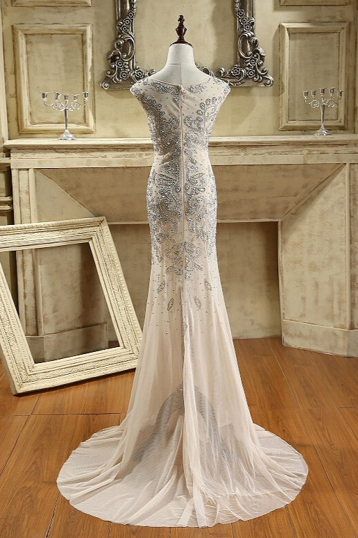 BMbridal Sexy Jewel Sleeveless Sheer Skirt Prom Dresses Champagne Mermaid Appliques Beadings Evening Dresses-BMbridal