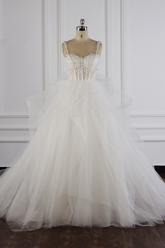 BMbridal Elegant Straps Tulle Lace Wedding Dress Sweetheart Appliques Beadings Bridal Gowns with Ruffles On Sale-BMbridal