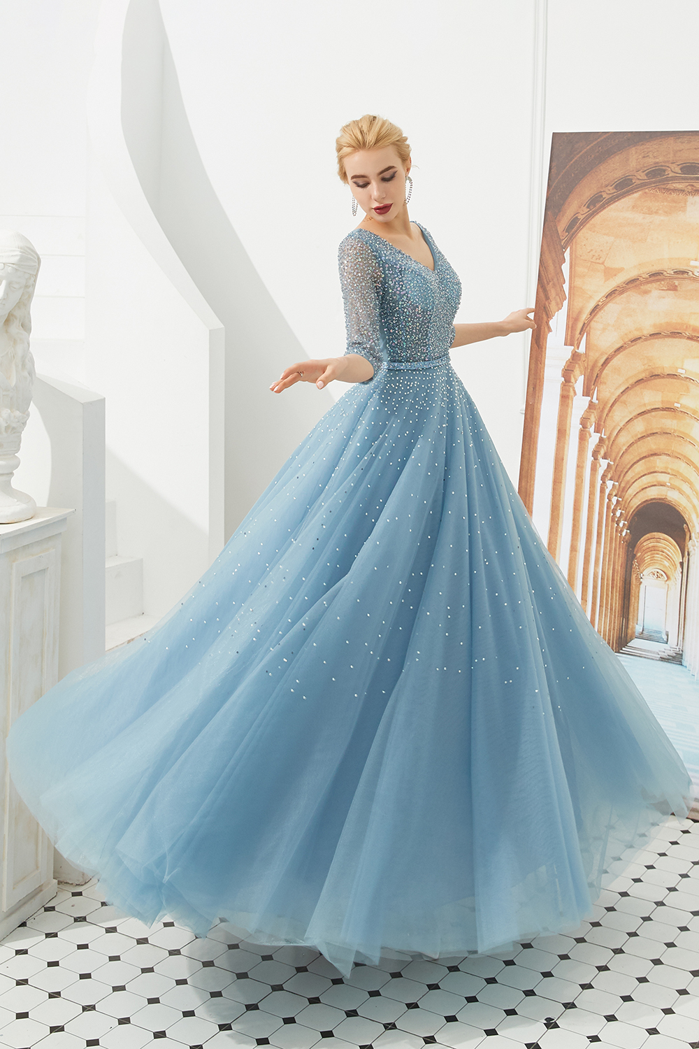BMbridal Dusty Blue V-Neck Half-Sleeve Prom Dress Long With Beadings Lace-up