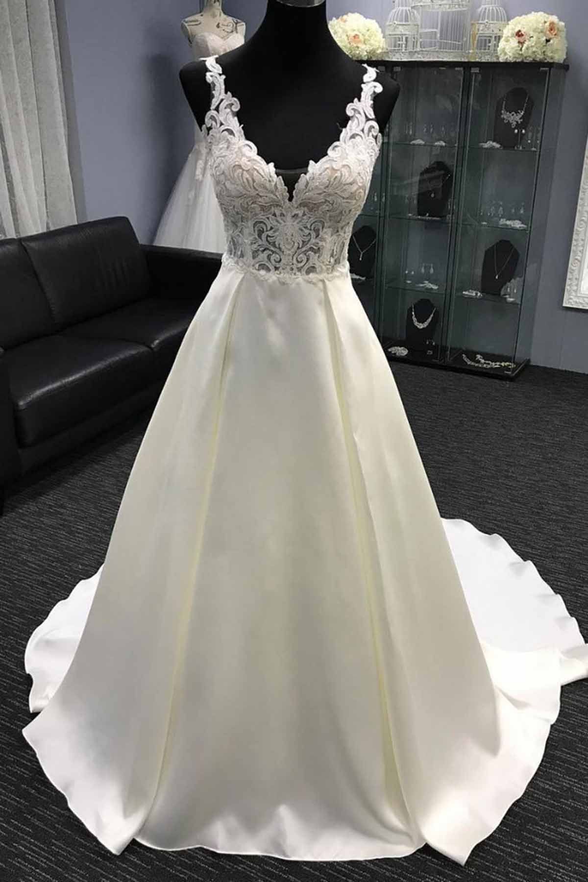 BMbridal Glamorous White Satin V-Neck Wedding Dress A-Line Halter Bridal Gowns On Sale