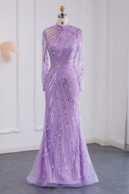Bmbridal Yellow Floor-Length Long Sleeves High Neck Tulle Prom Dresses with Beadings