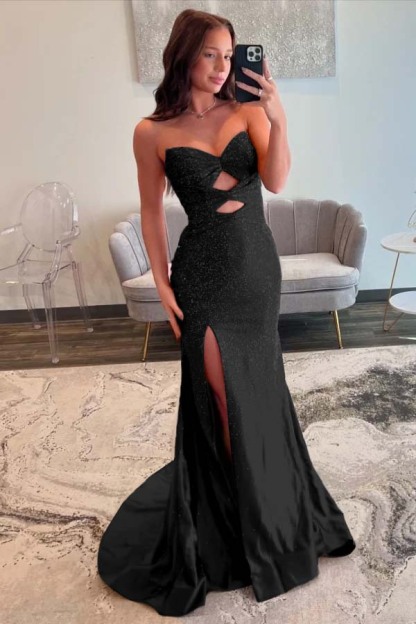 Strapless Sleeveless Mermaid Long Prom Dress With Split Sequins