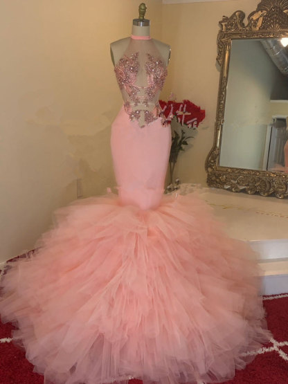 Bmbridal Pink Sleeveless Prom Dress Mermaid High Neck Tulle With Appliques