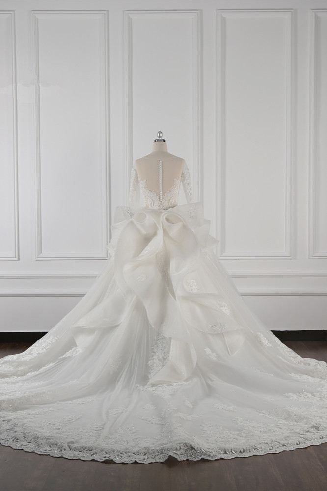 BMbridal Gorgeous Jewel Lace Tulle Wedding Dress Long Sleeves Beadings Bridal Gowns On Sale-BMbridal